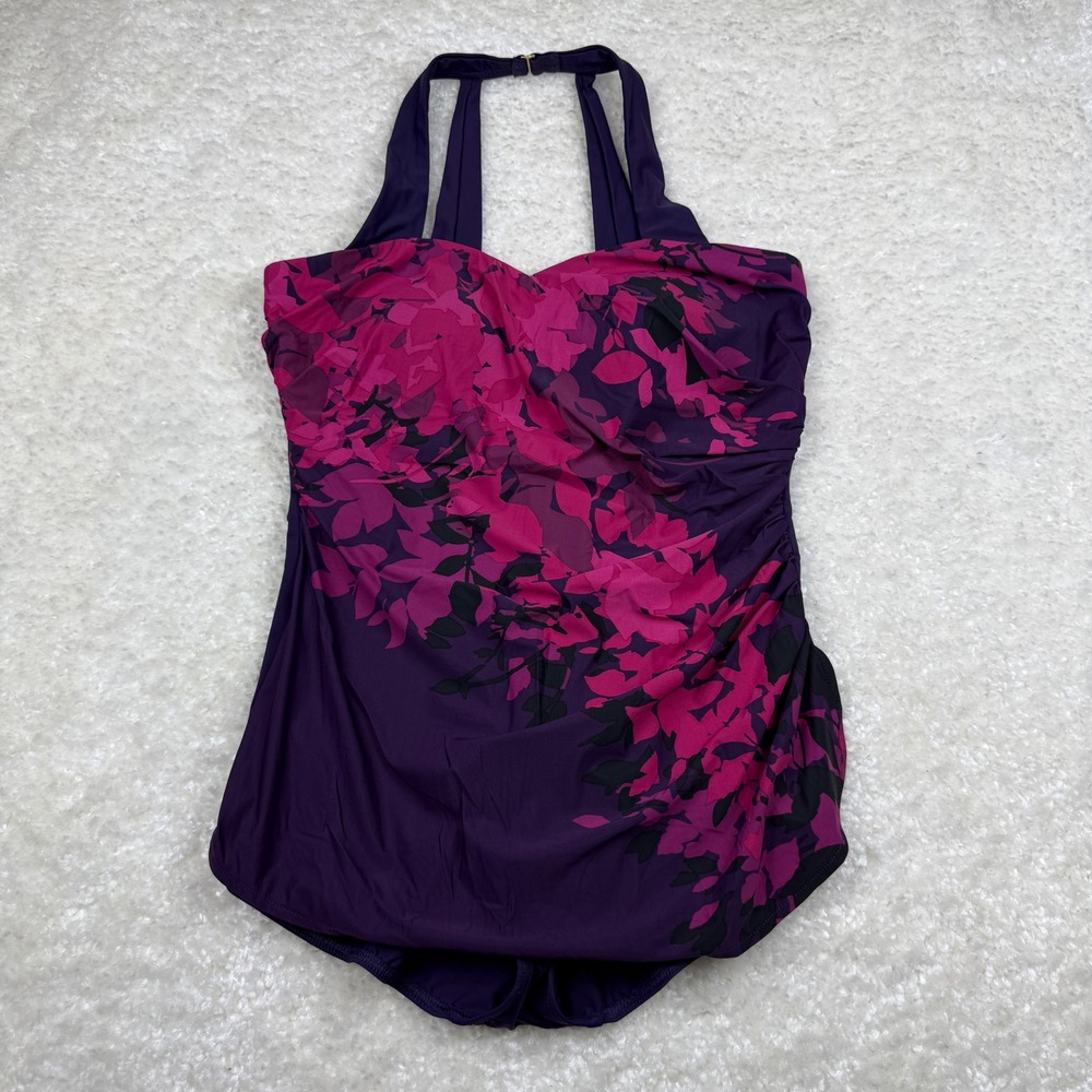 Miraclesuit One Piece Swimsuit Women 14 Purple Pink Floral Draped Halter V3029